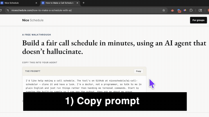 An AI coding agent working through a call schedule in the terminal — reading the rules, running the solver, and printing the produced shifts.