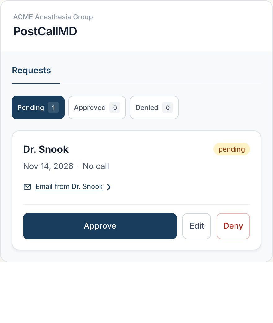 Request Hub on a phone: one pending request from Dr. Snook, no call on November 14, with Approve, Edit, and Deny buttons.