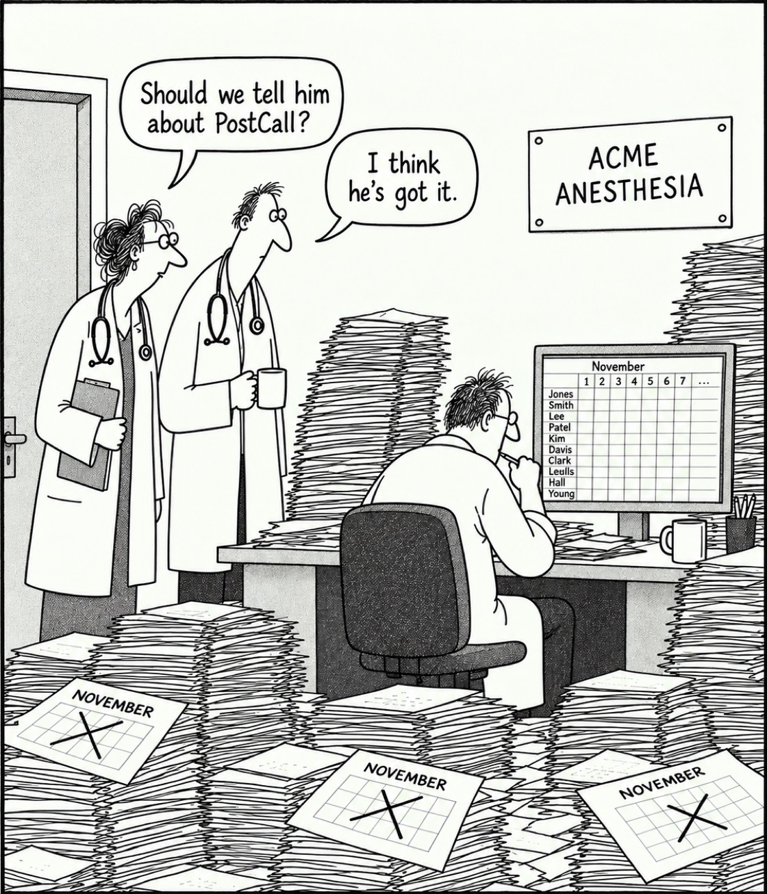 Cartoon: a doctor sits at a desk buried in paper, filling in a November call grid on his monitor. Rejected November schedules lie crossed out on the floor. Two colleagues watch from the doorway. One asks, should we tell him about PostCall? The other says, I think he&rsquo;s got it.